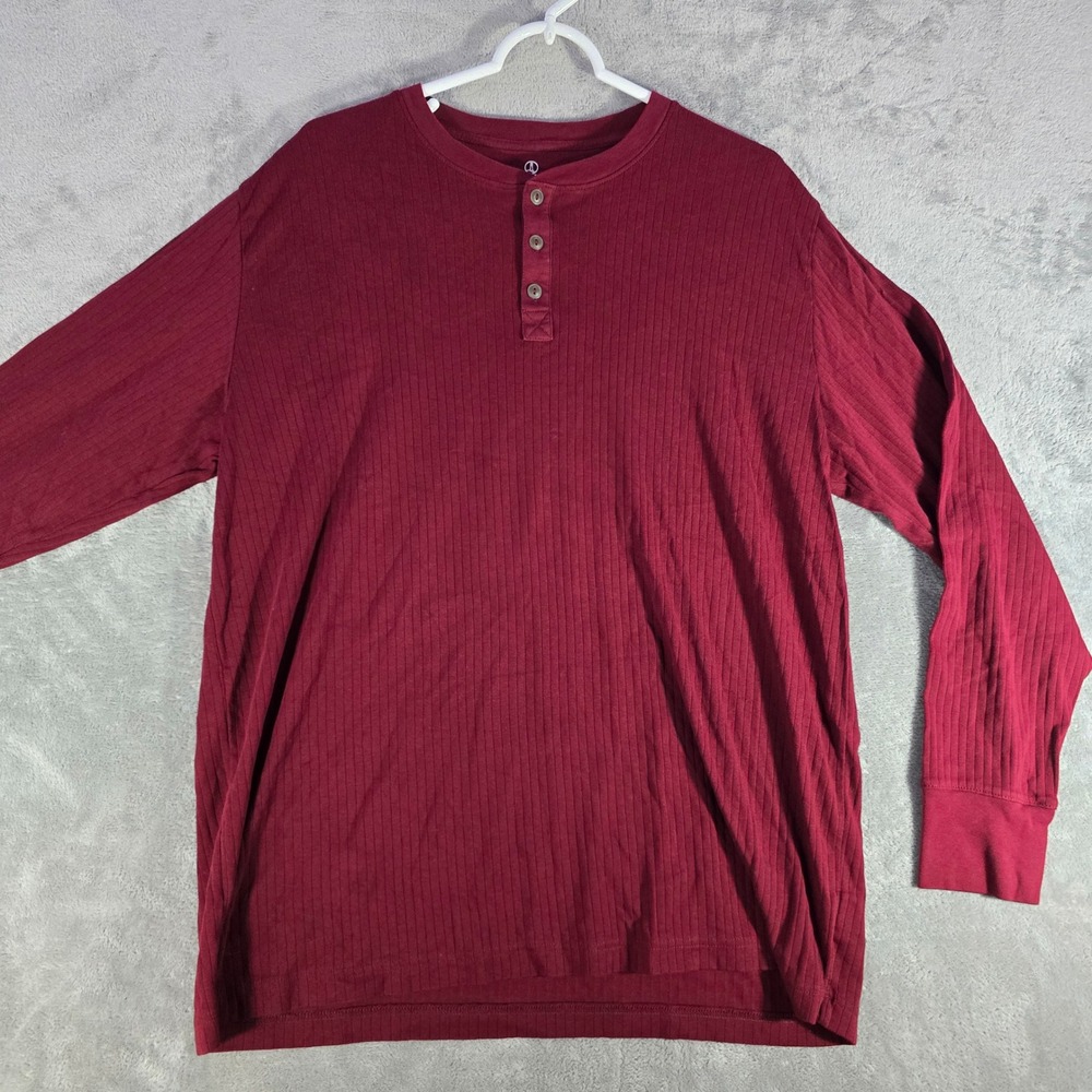 Lands' End Henley Shirt Long Sleeve Ribbed Knit‎ Casual Top Burgundy L
